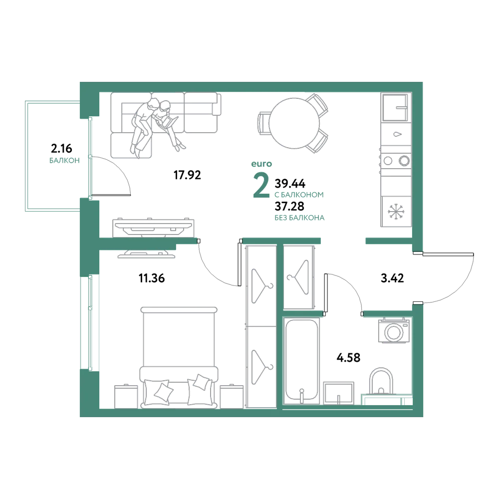 Планировка: Евродвушка 39,44 м²