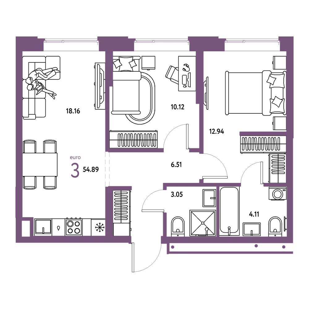 Планировка: Евротрёшка 54,89 м²