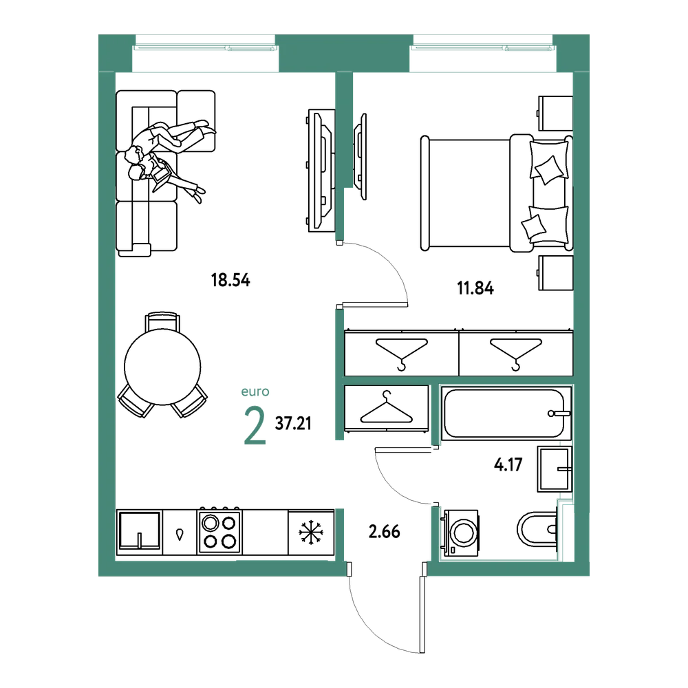 Планировка: Евродвушка 37,21 м²