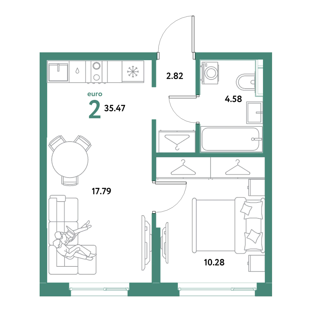 Планировка: Евродвушка 35,47 м²