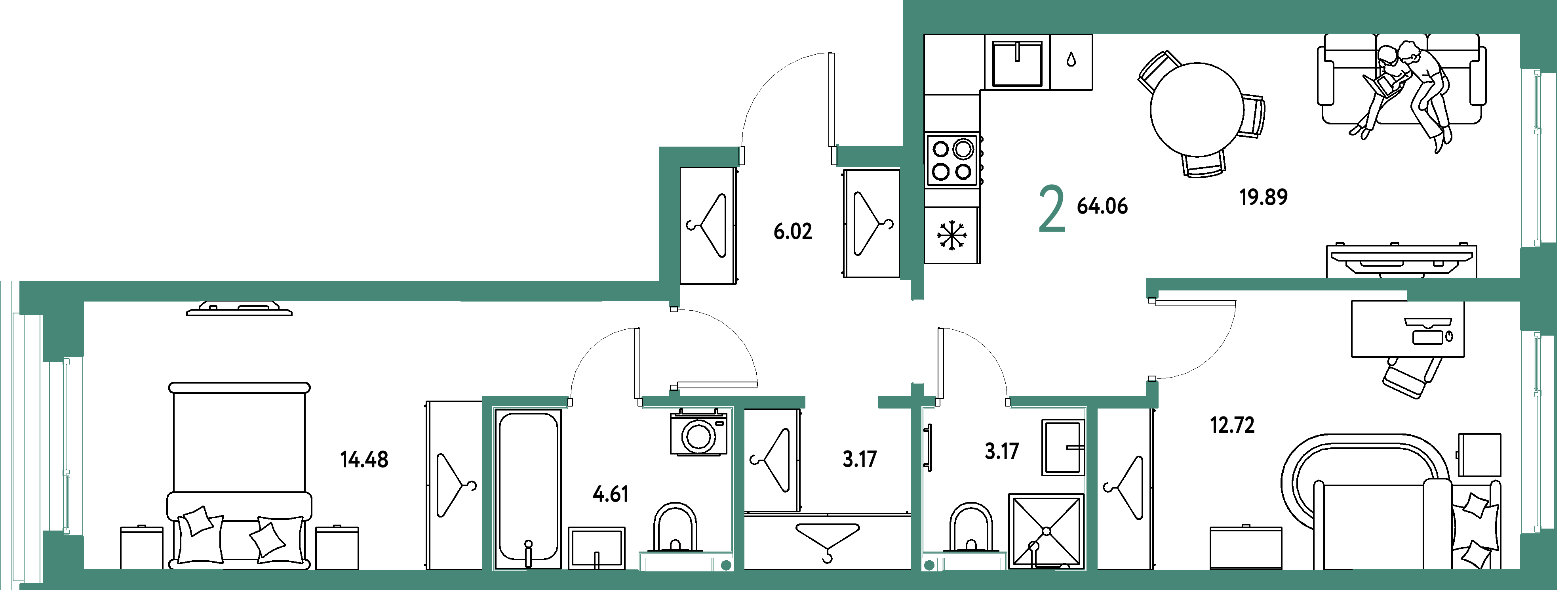 Планировка: 2-комнатная 64,06 м² в ЖК «Страна.Прибрежная»