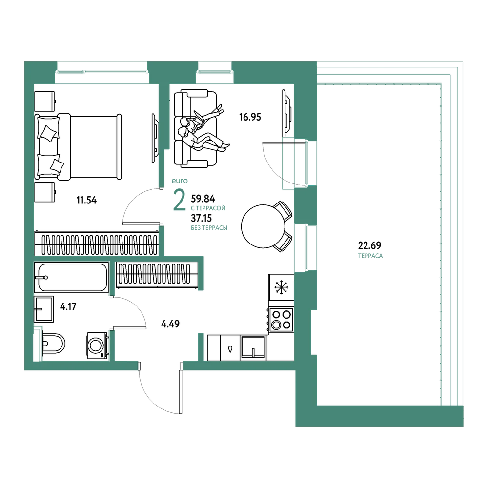 Планировка: Евродвушка 59,84 м²