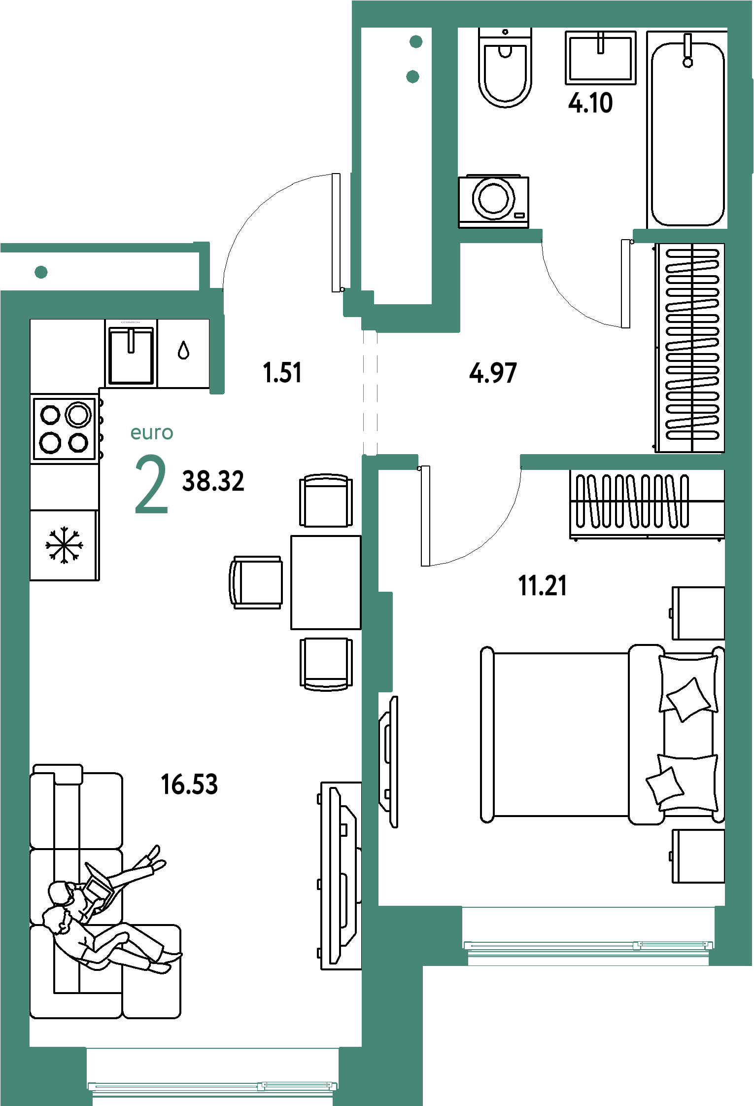 Планировка: Евродвушка 38,32 м² в ЖК «Домашний»