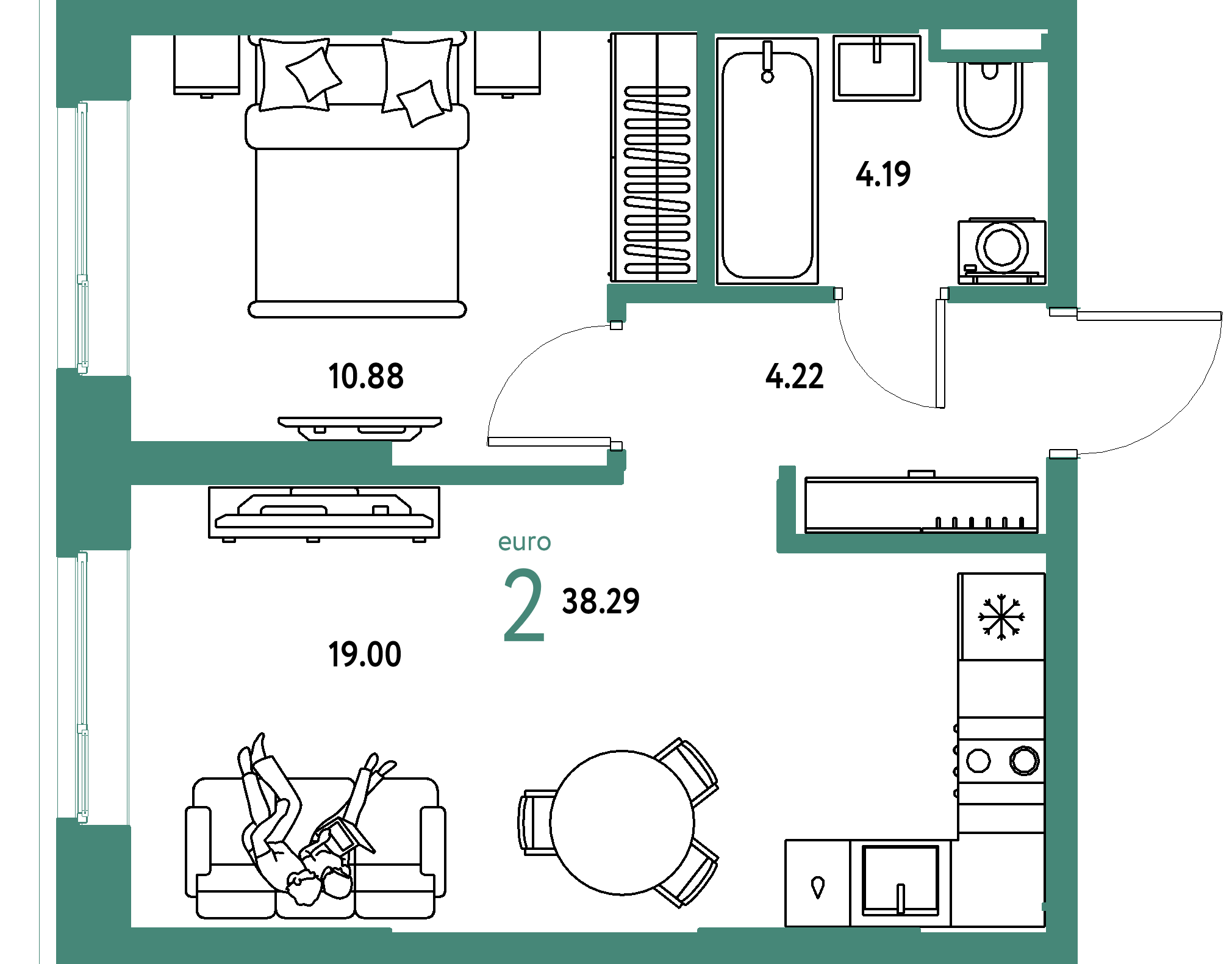 Планировка: Евродвушка 38,29 м² в ЖК «Остров-сад»