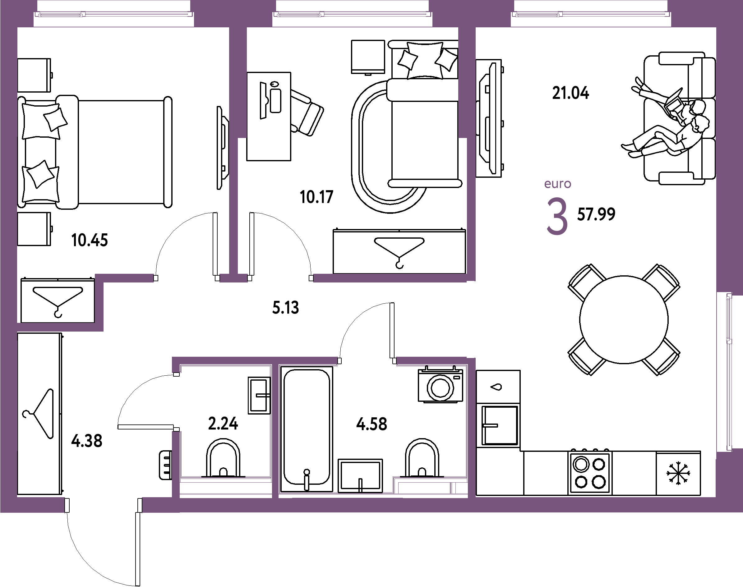 Планировка: Евротрёшка 57,99 м² в ЖК «Европейский берег 2.0»