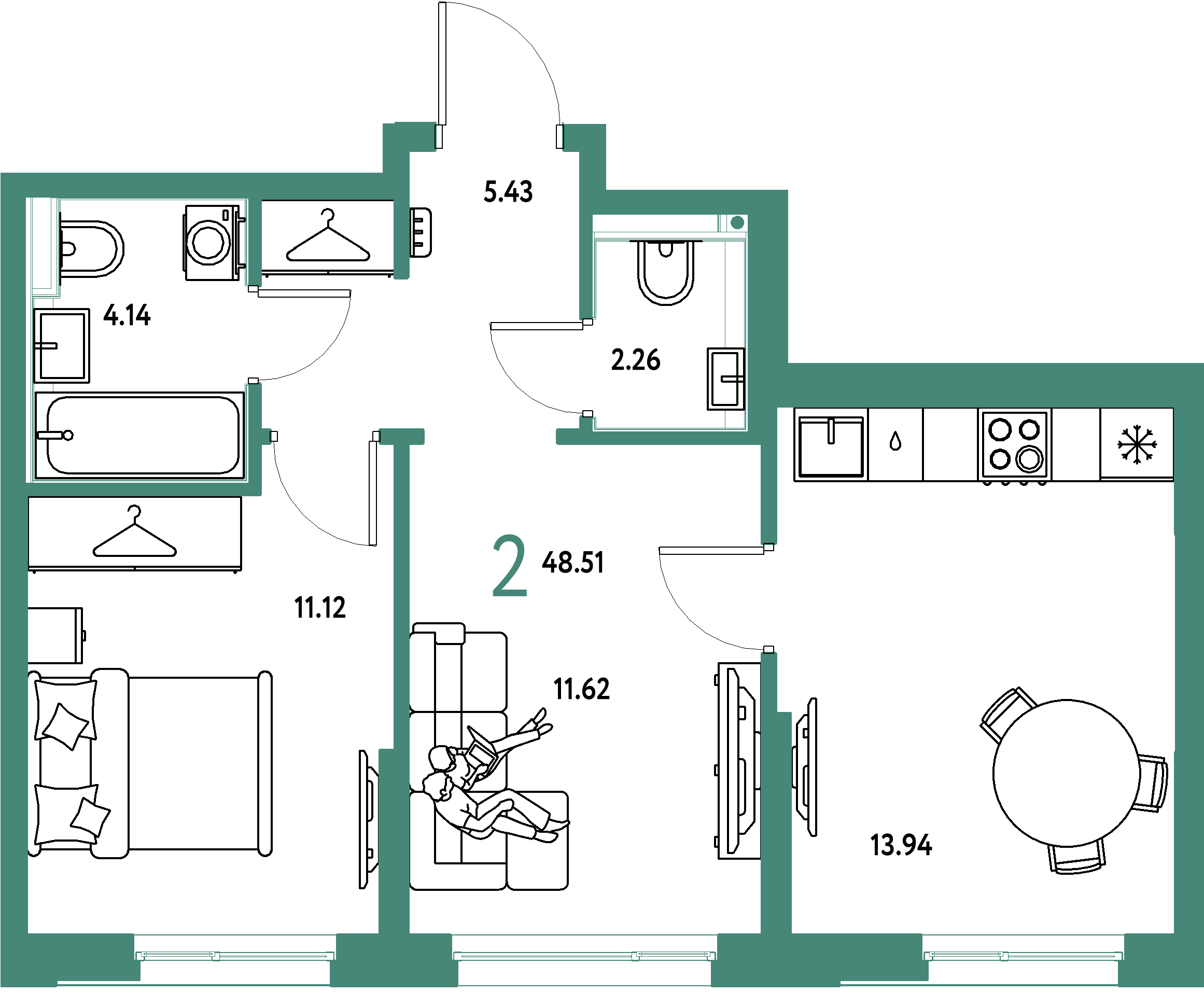 Планировка: 2-комнатная 48,51 м² в ЖК «Страна.Прибрежная»