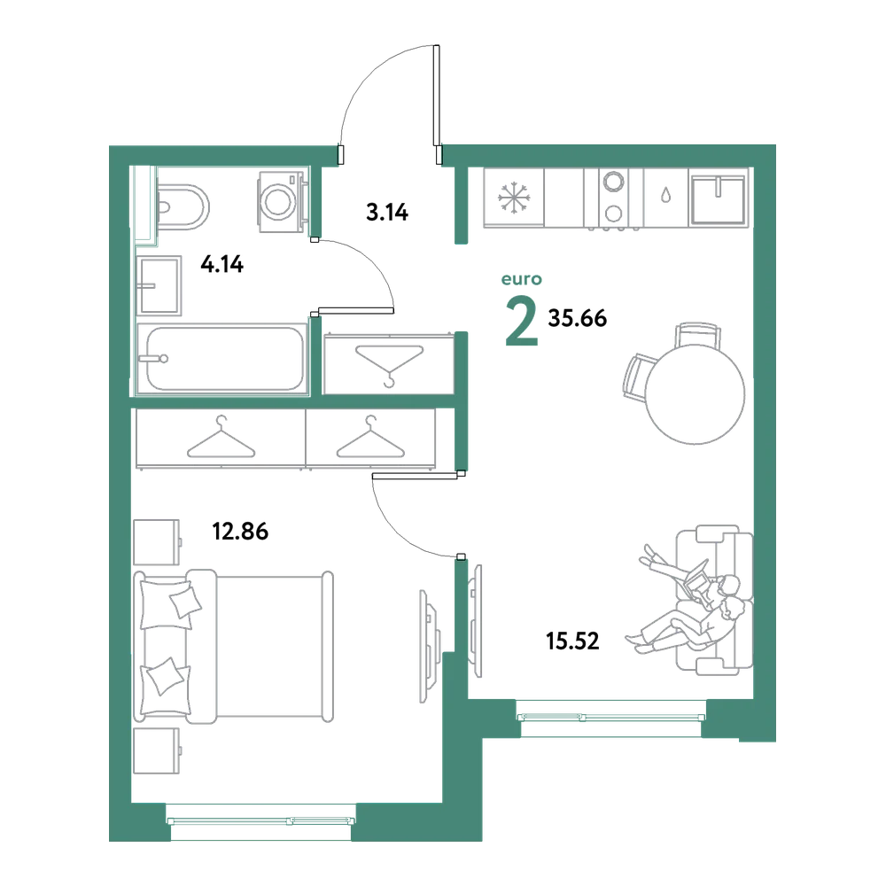 Планировка: Евродвушка 35,66 м²
