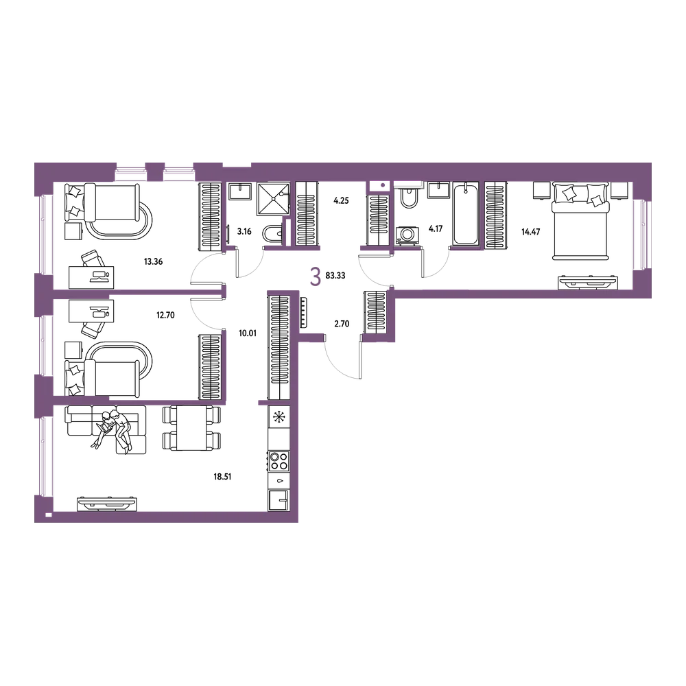 Планировка: 3-комнатная 83,33 м²