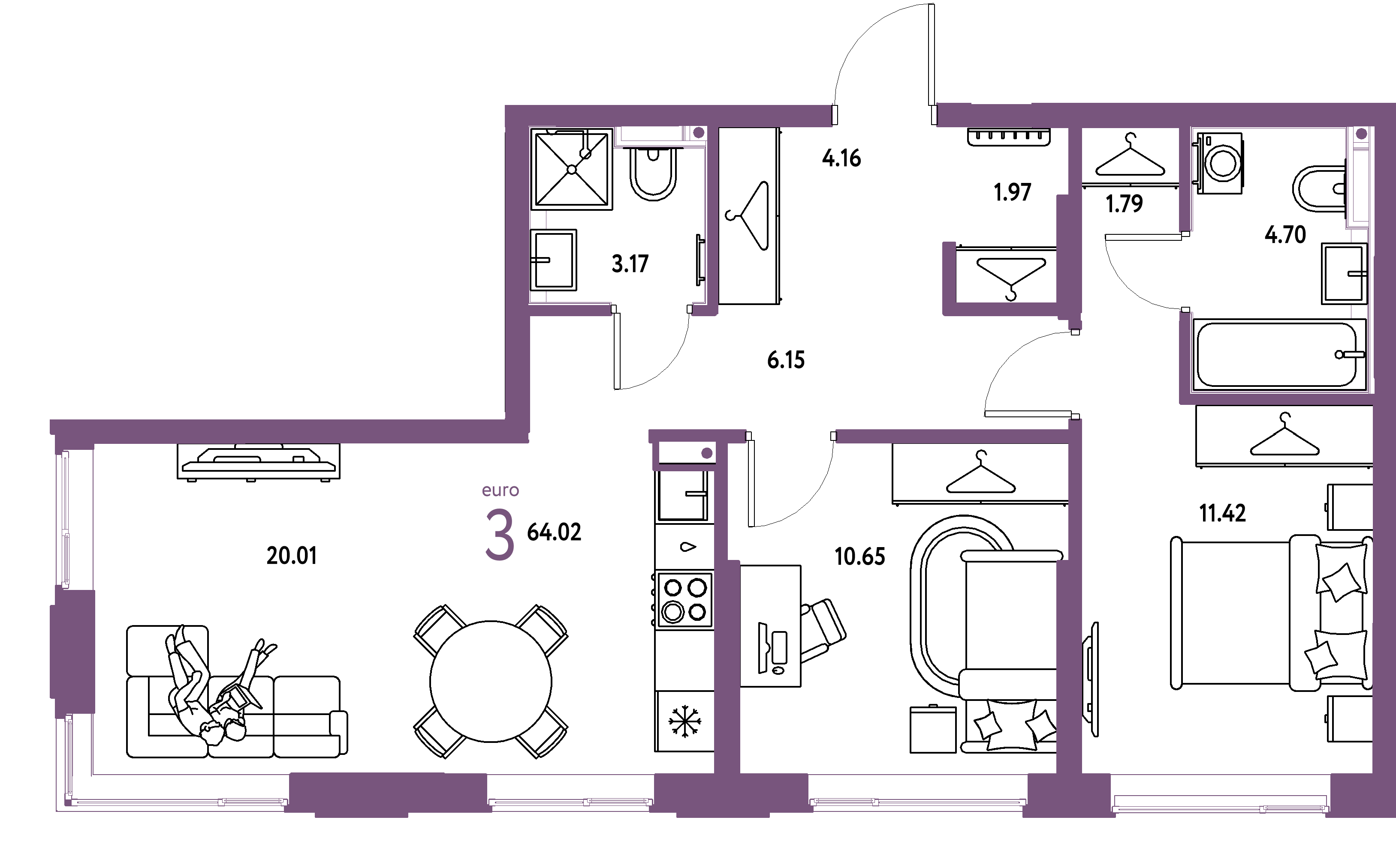 Планировка: Евротрёшка 64,02 м² в ЖК «Страна.Прибрежная»