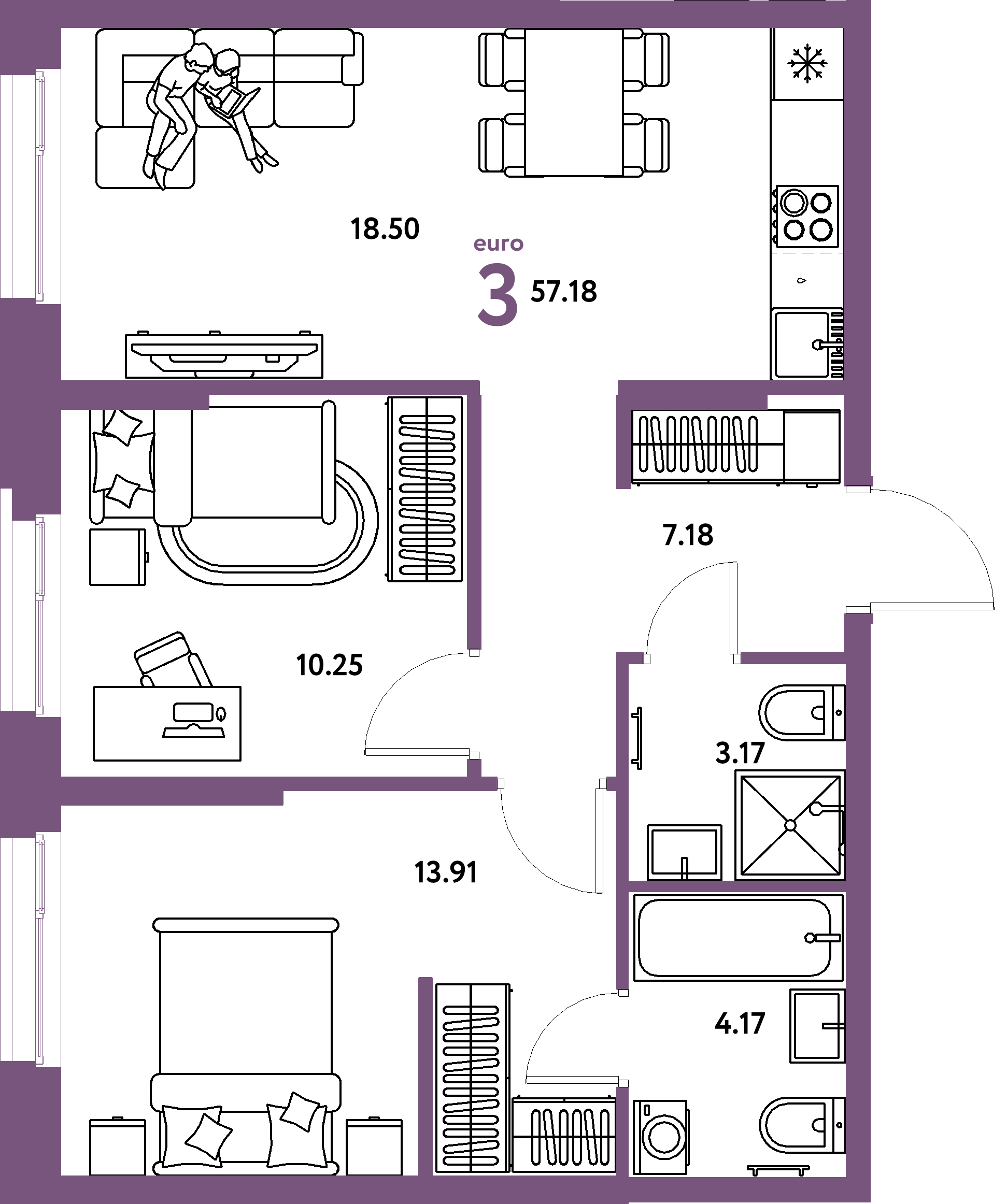 Планировка: Евротрёшка 57,18 м² в ЖК «Европейский берег 2.0»