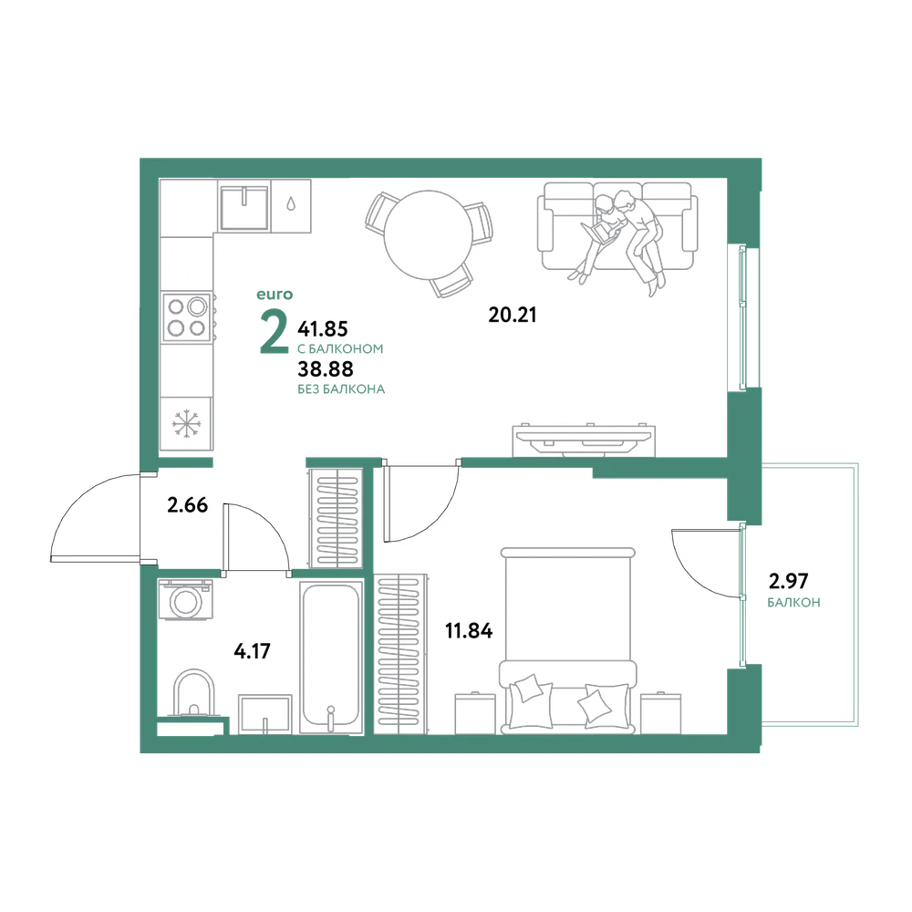 Планировка: Евродвушка 41,85 м²