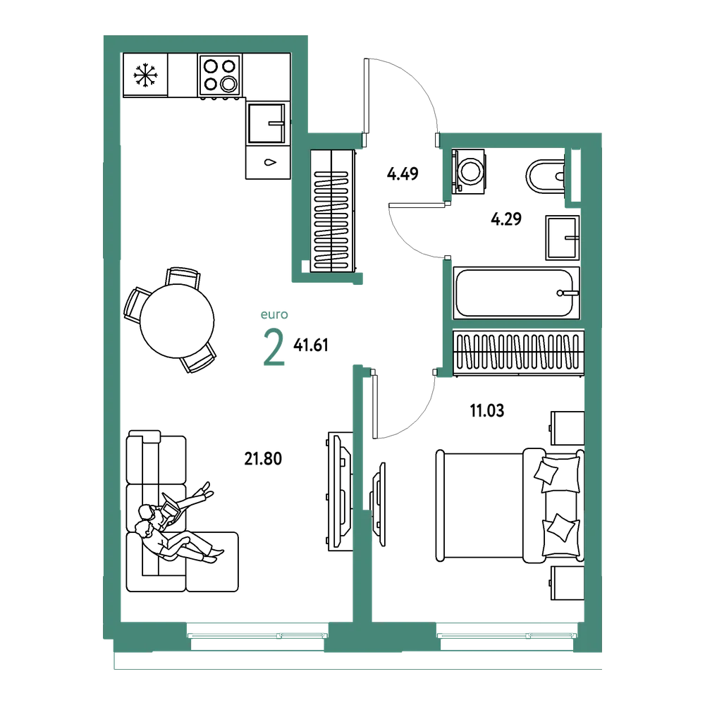 Планировка: Евродвушка 41,61 м²