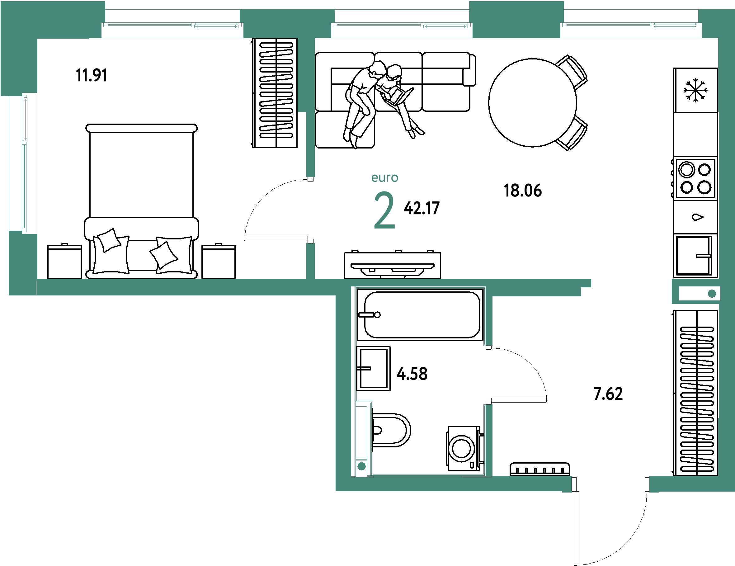 Планировка: Евродвушка 42,17 м² в ЖК «Домашний»