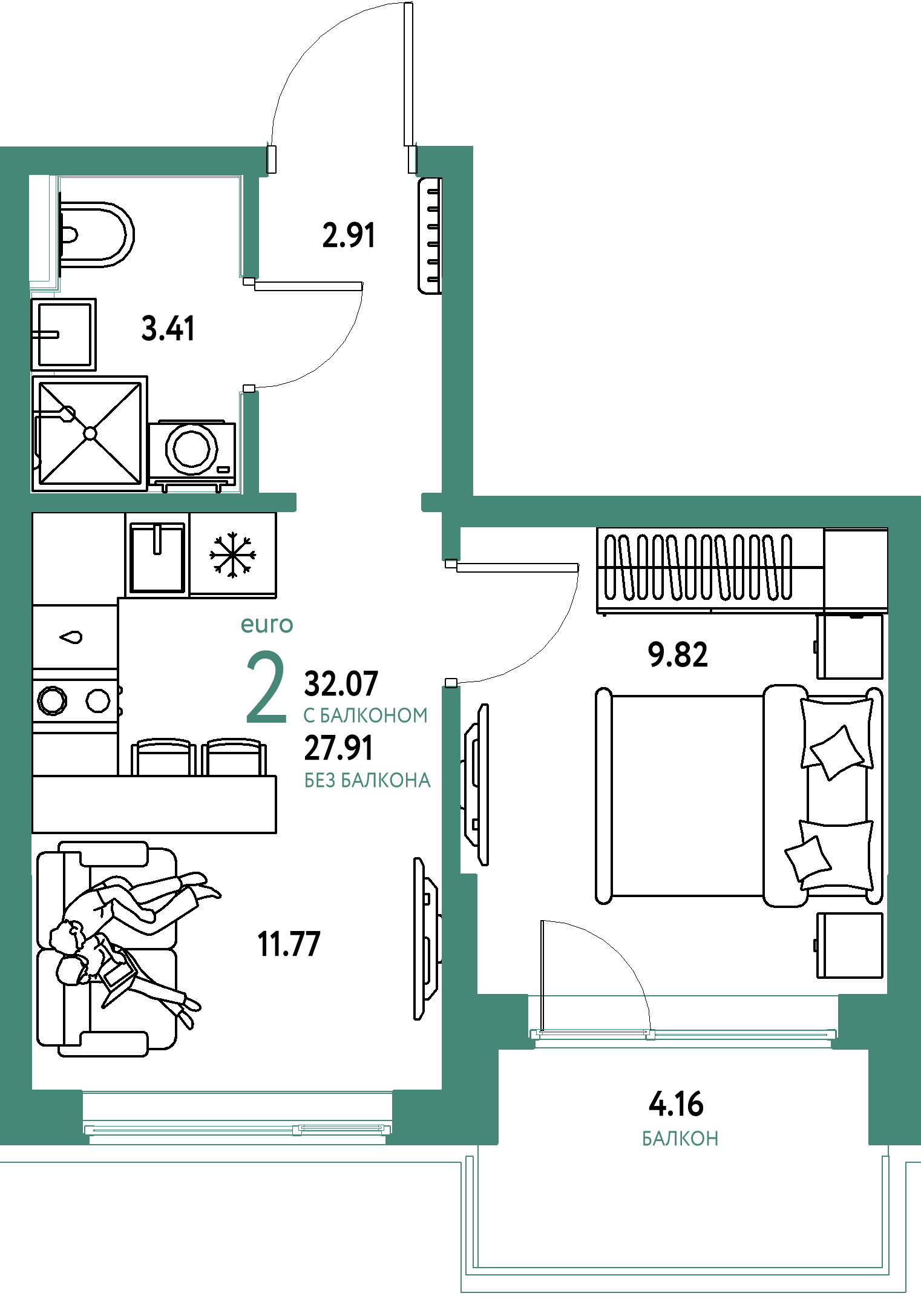 Планировка: Евродвушка 32,06 м² в ЖК «Остров-сад»