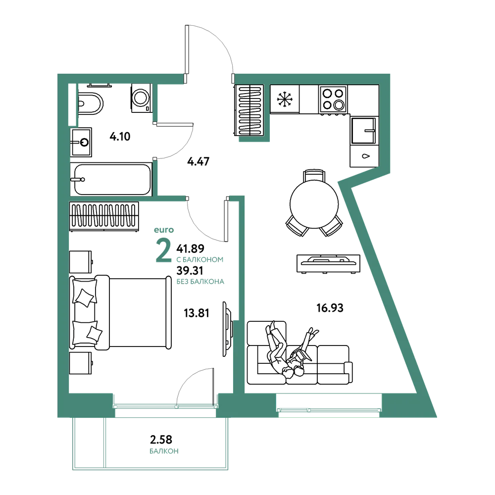 Планировка: Евродвушка 41,89 м²