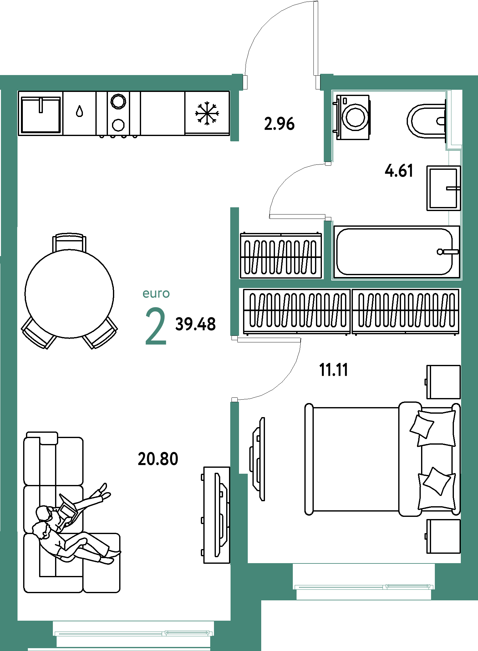 Планировка: Евродвушка 39,48 м² в ЖК «Домашний»