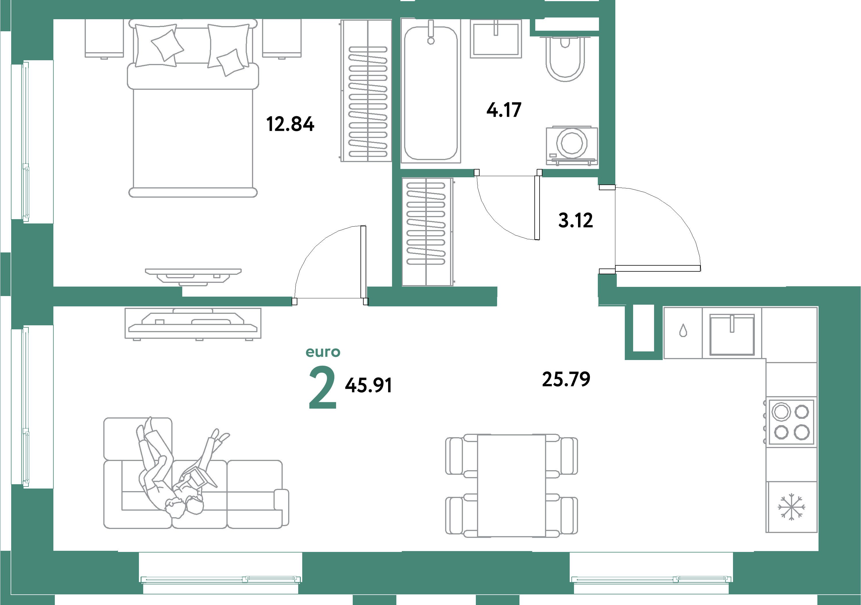 Планировка: Евродвушка 45,91 м² в ЖК «Остров-сад»