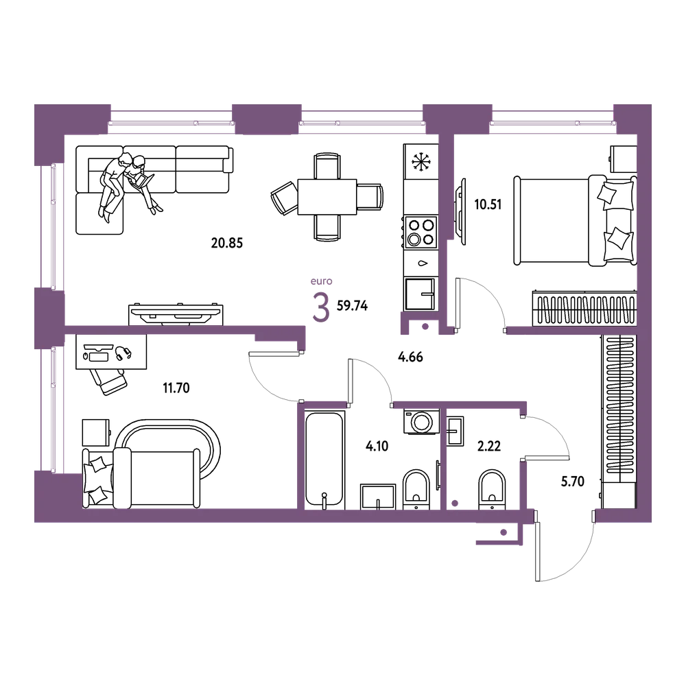 Планировка: Евротрёшка 59,74 м²