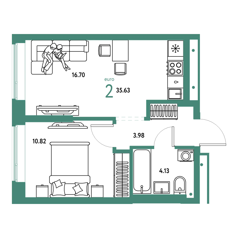 Планировка: Евродвушка 35,63 м²