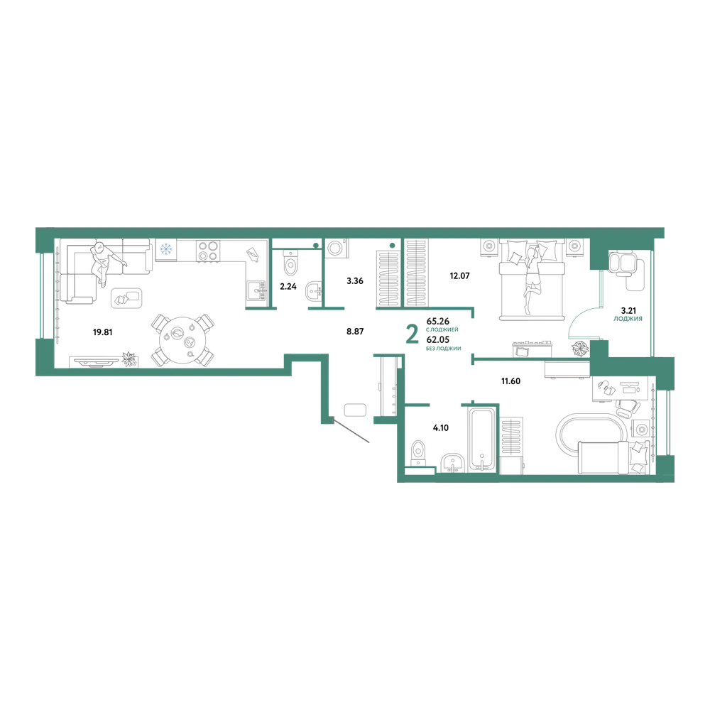 Планировка: 2-комнатная 65,26 м²