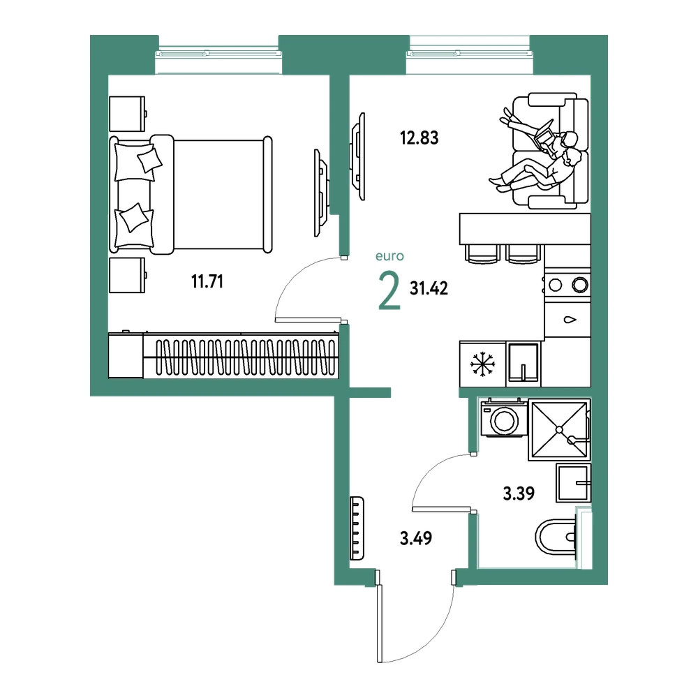 Планировка: Евродвушка 31,42 м²