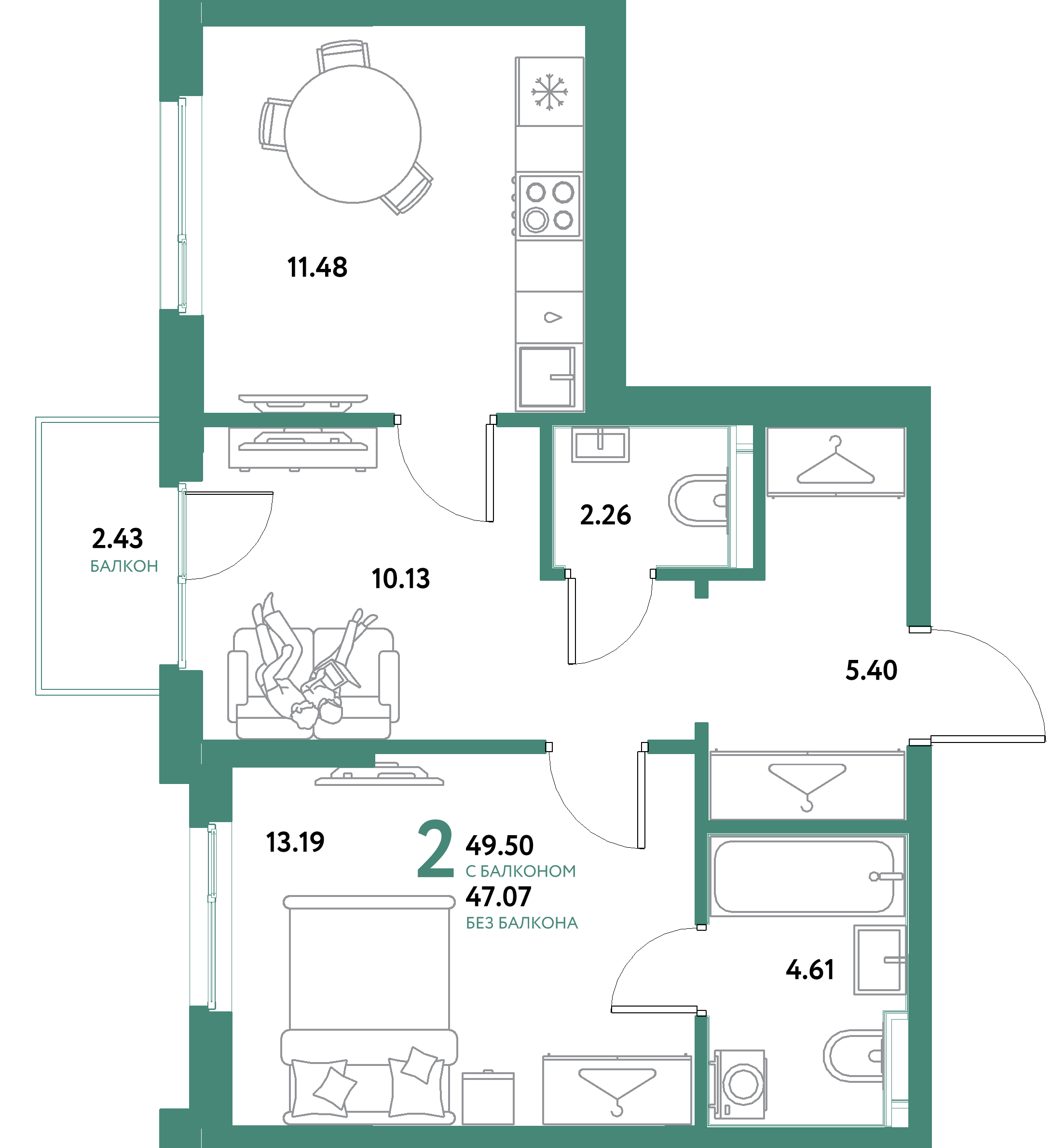 Планировка: 2-комнатная 49,5 м² в ЖК «Остров-сад»