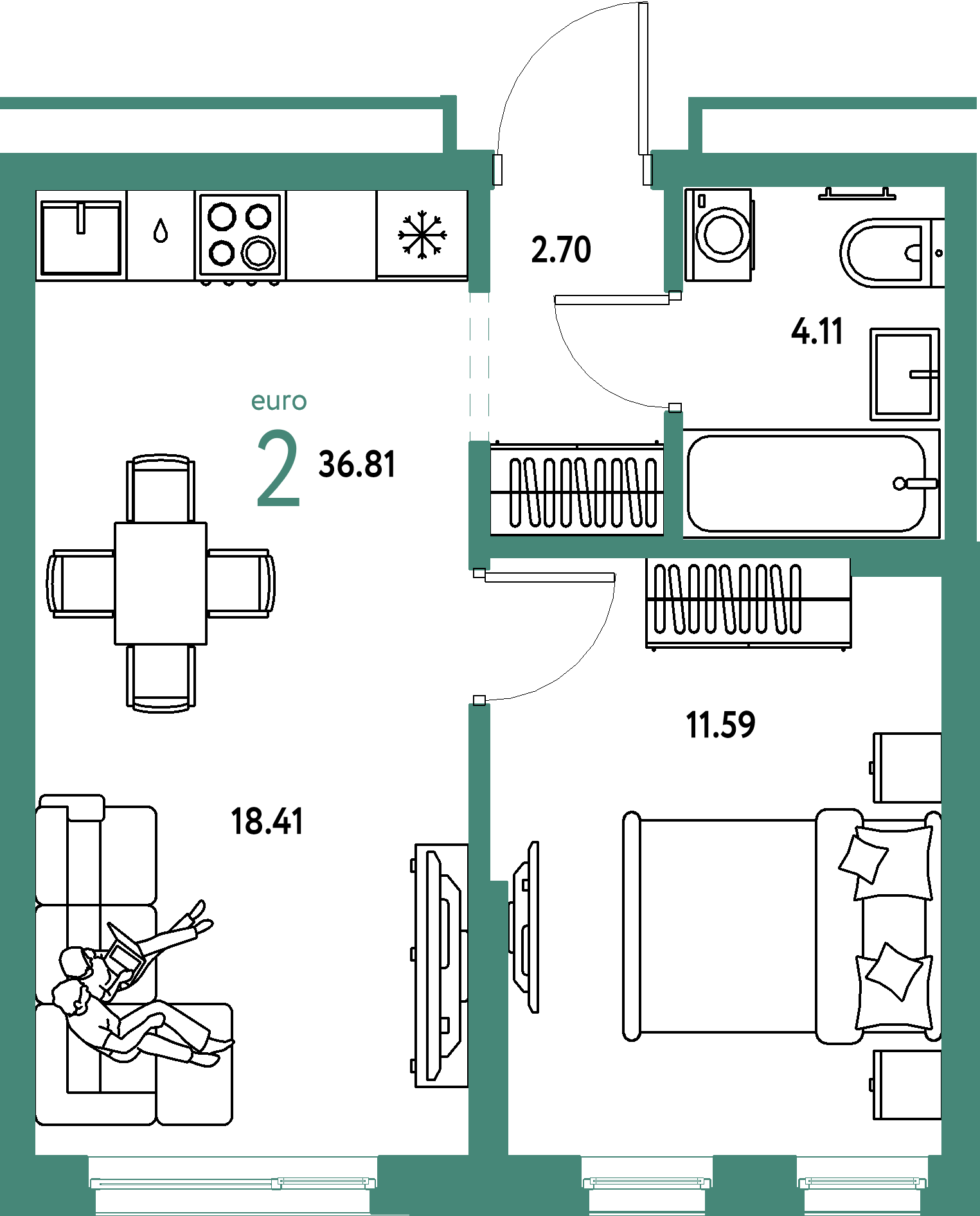 Планировка: Евродвушка 36,81 м² в ЖК «Домашний»