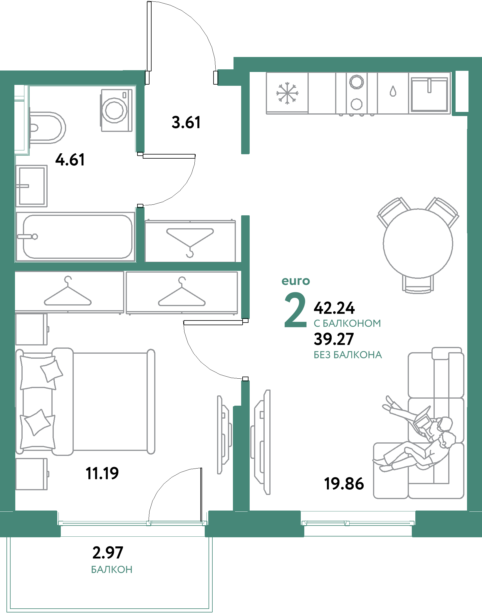 Планировка: Евродвушка 42,24 м² в ЖК «Остров-сад»