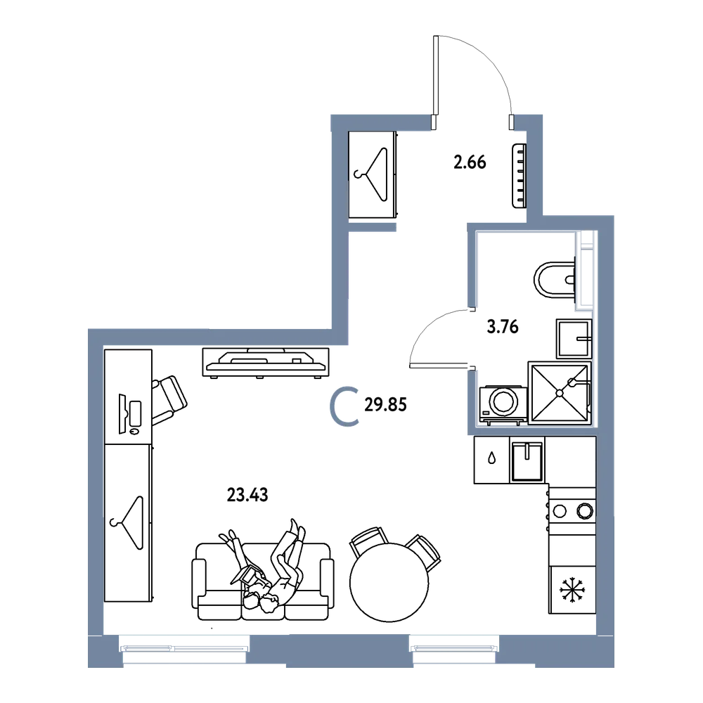 Планировка: Студия 29,85 м²