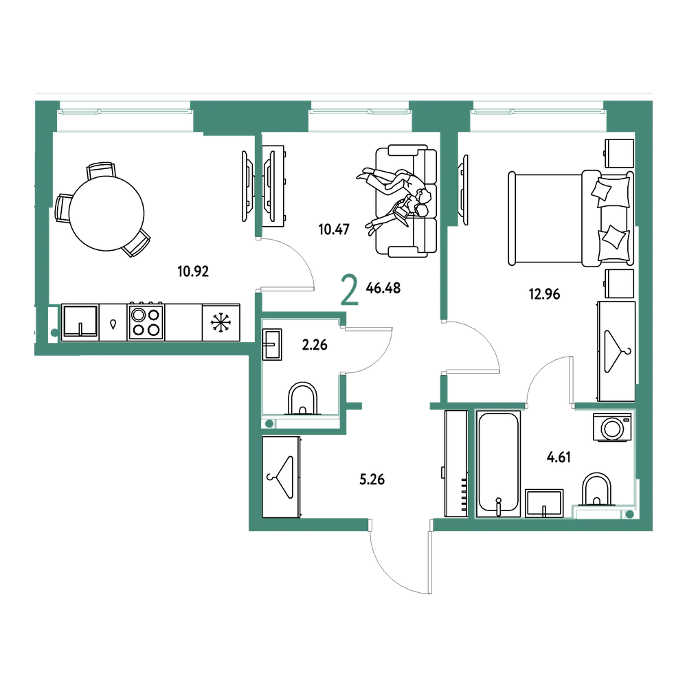 Планировка: 2-комнатная 46,48 м²