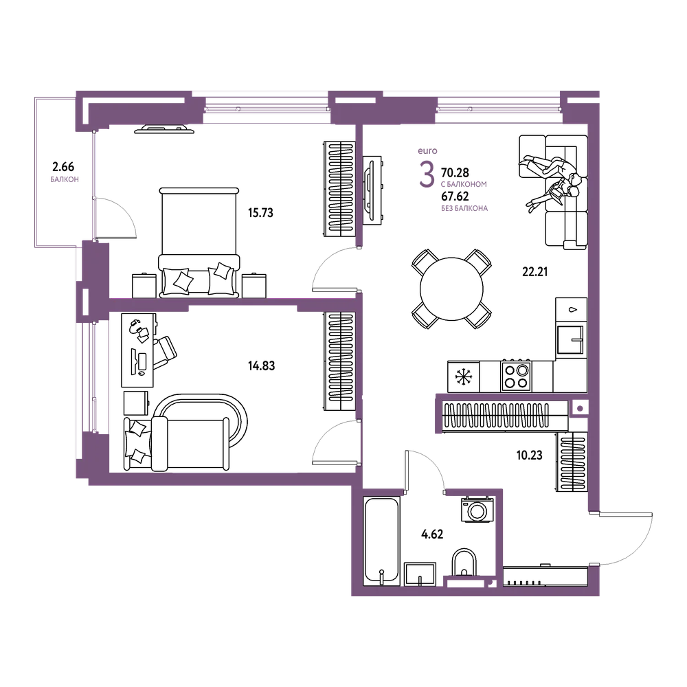 Планировка: Евротрёшка 70,28 м²