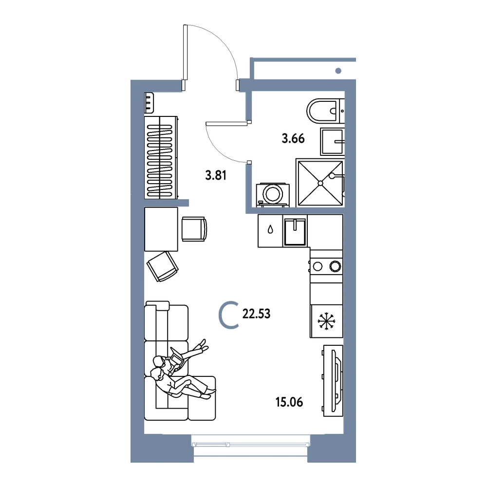 Планировка: Студия 22,53 м²