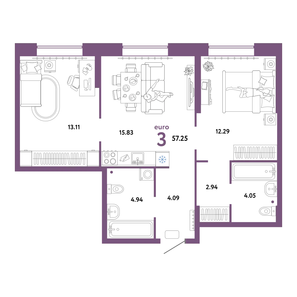 Планировка: Евротрёшка 57,25 м²