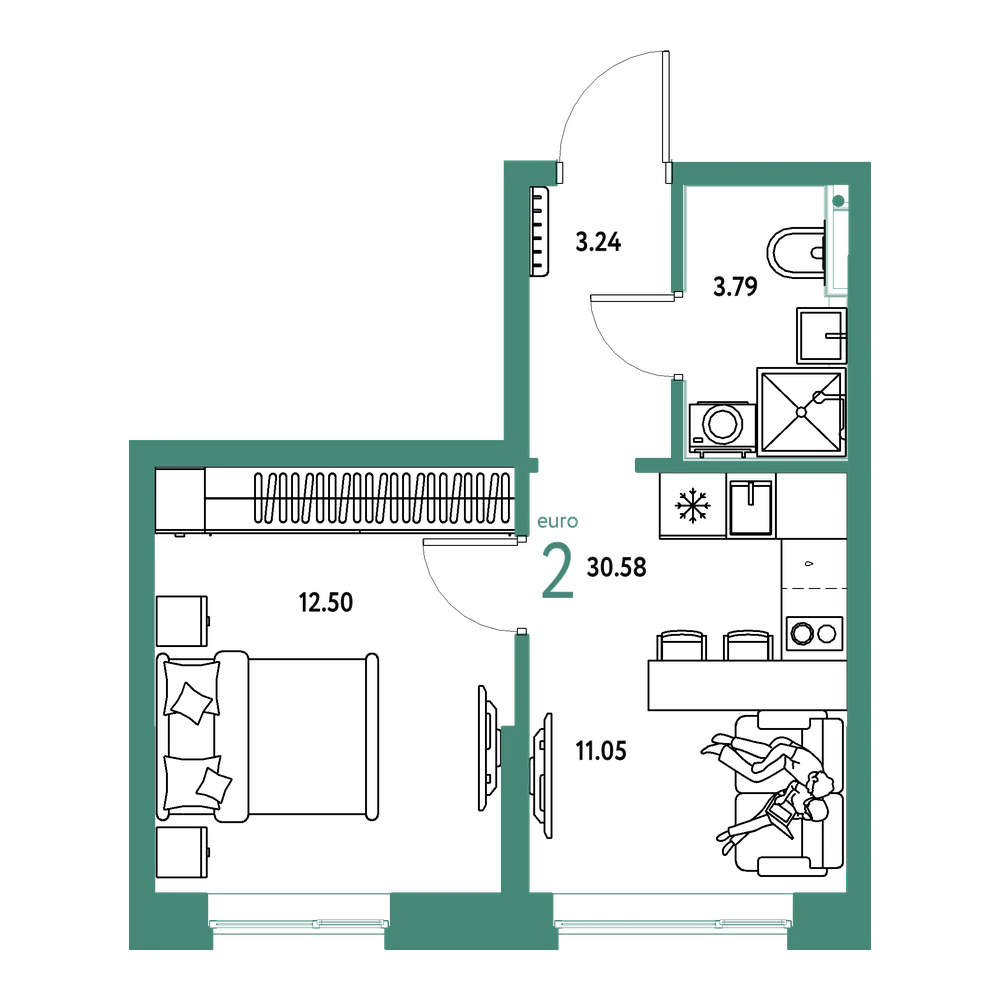 Планировка: Евродвушка 30,58 м²