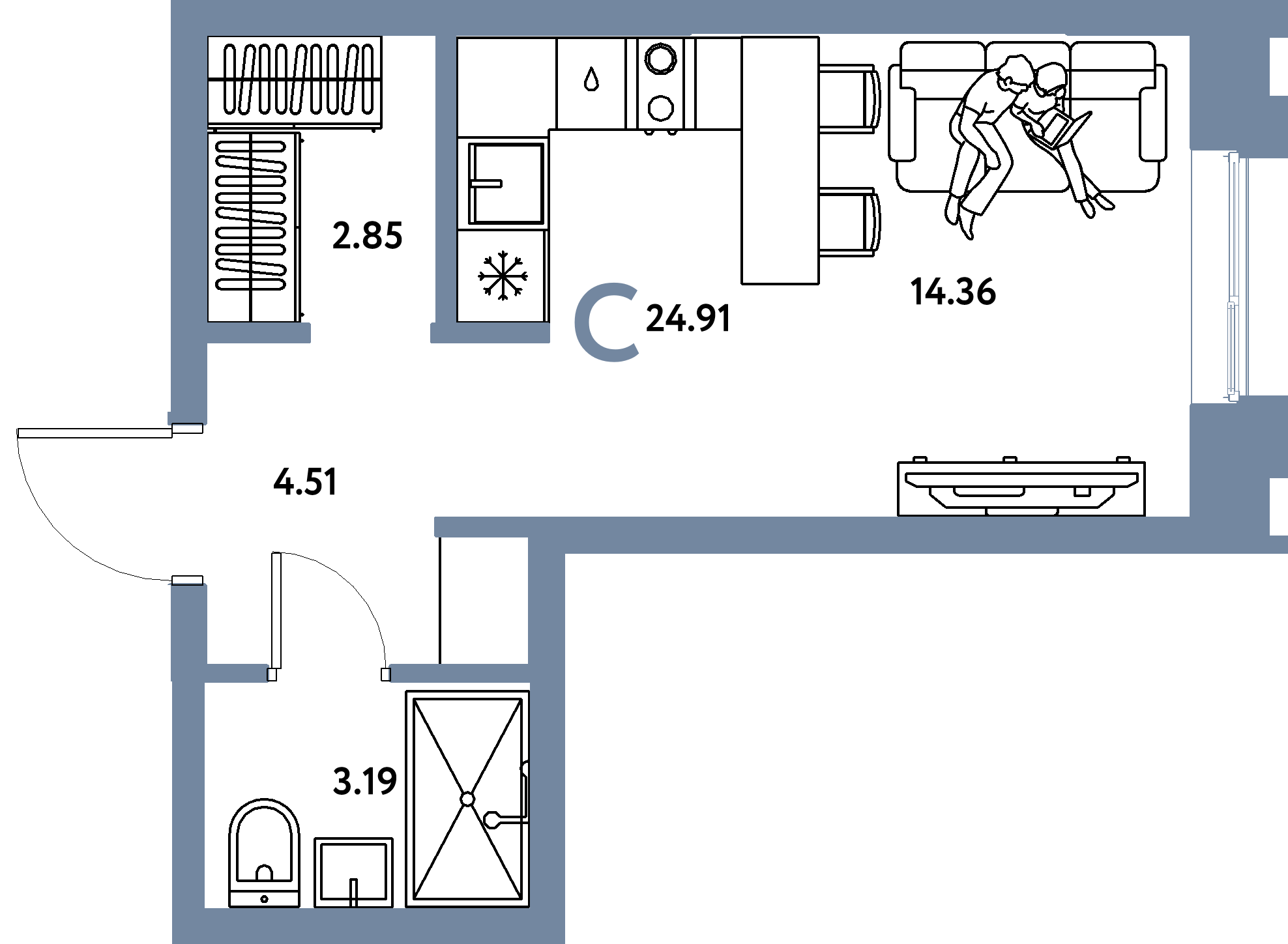 Планировка: Студия 24,91 м² в ЖК «Европейский берег 2.0»