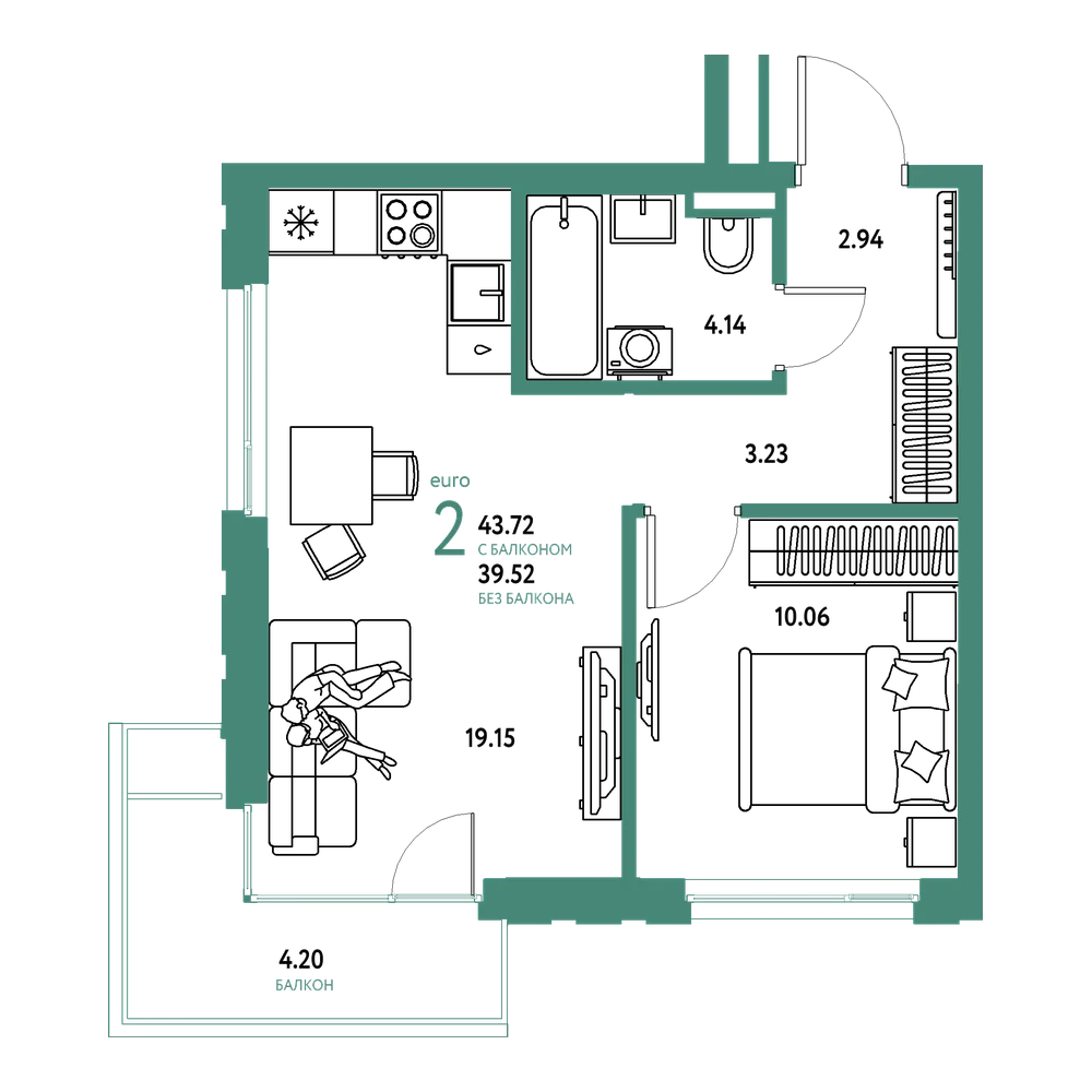 Планировка: Евродвушка 43,72 м²