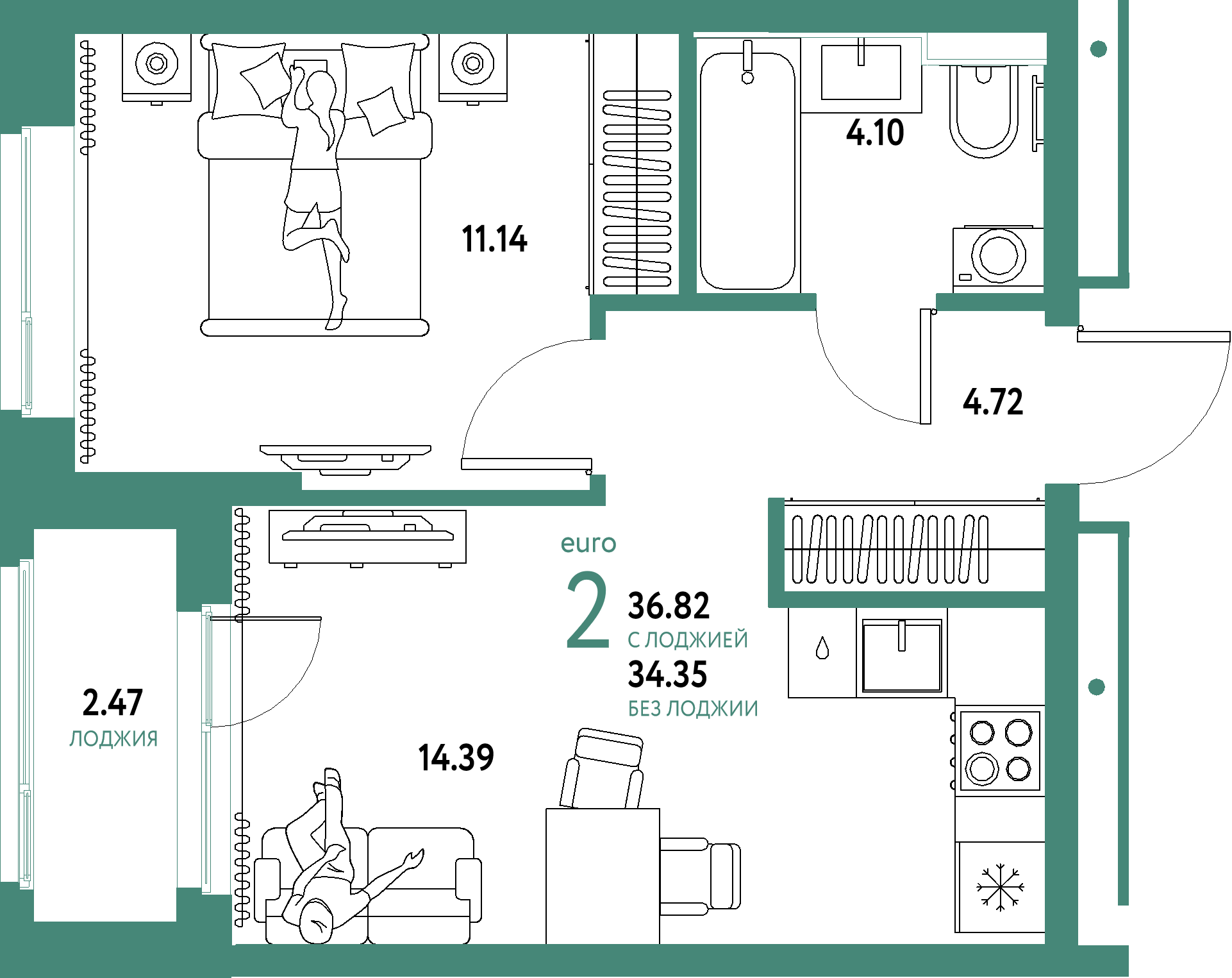 Планировка: Евродвушка 36,82 м² в ЖК «Домашний»