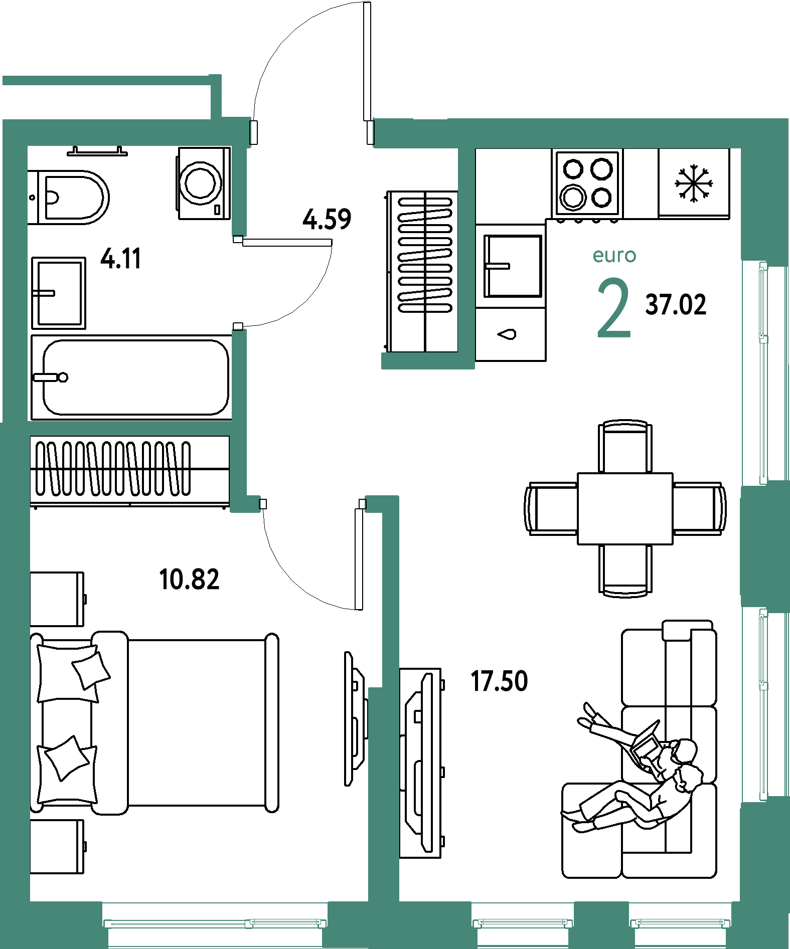 Планировка: Евродвушка 37,02 м² в ЖК «Домашний»