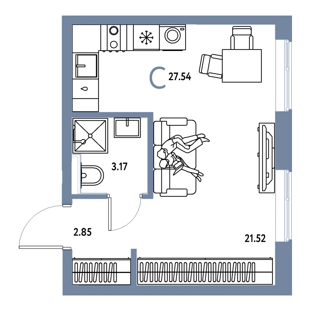 Планировка: Студия 27,54 м²