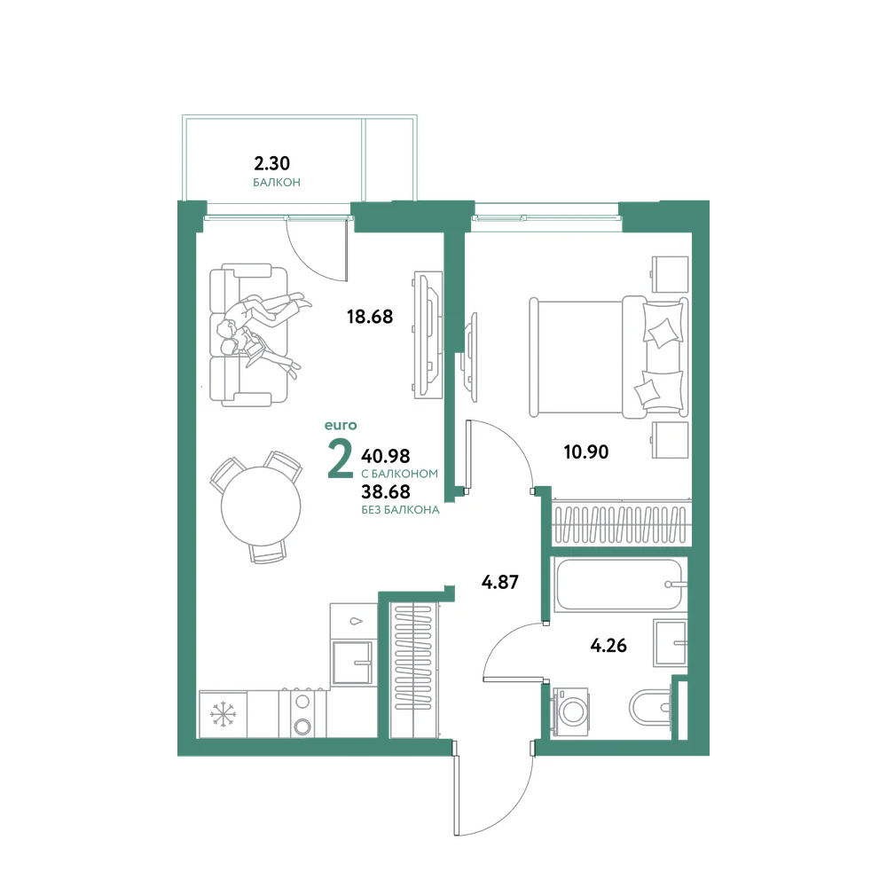Планировка: Евродвушка 40,98 м²