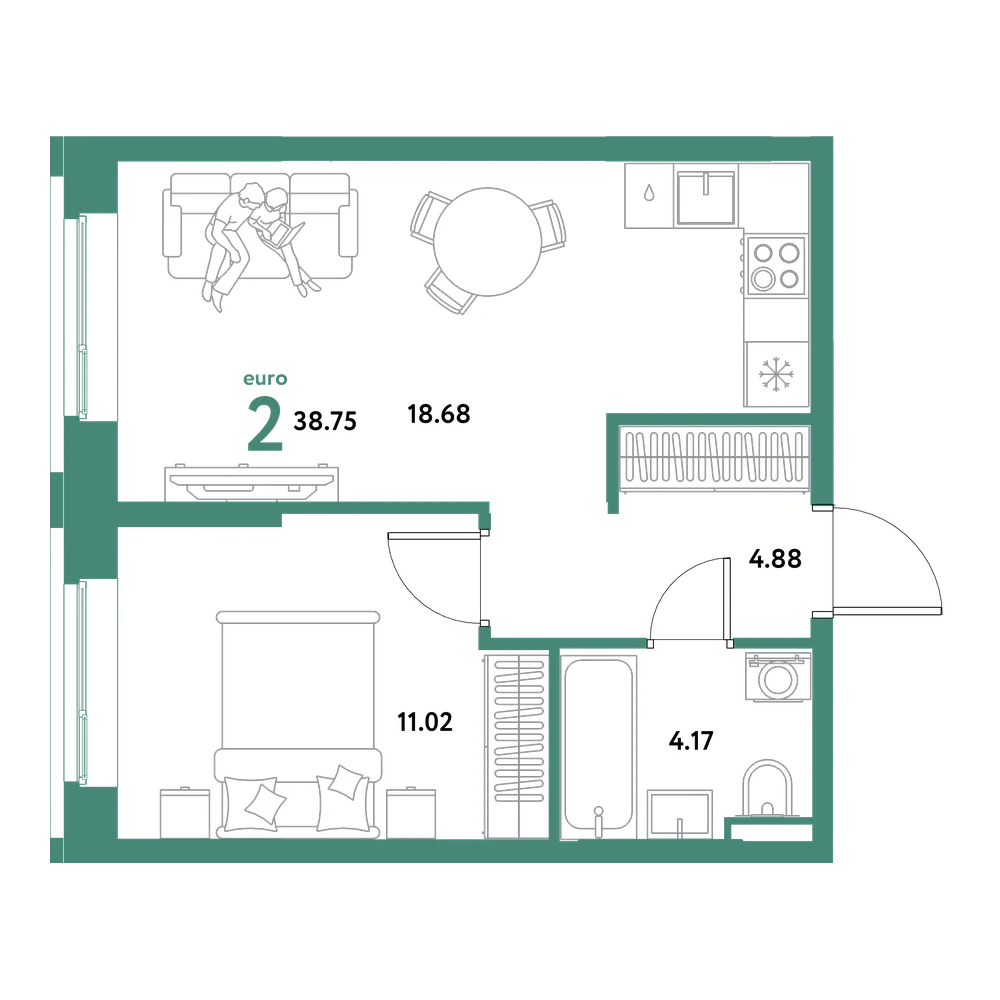 Планировка: Евродвушка 38,75 м²