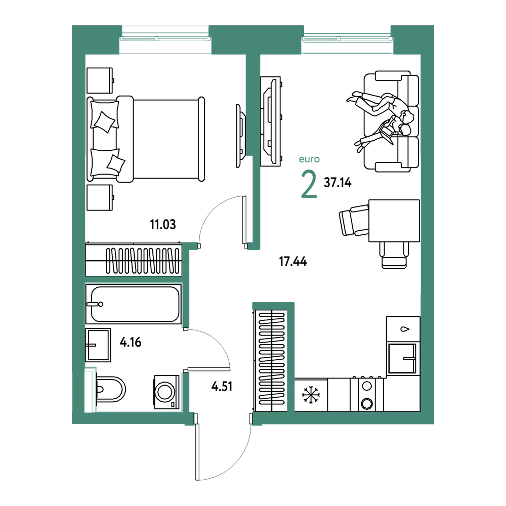 Планировка: Евродвушка 37,14 м²