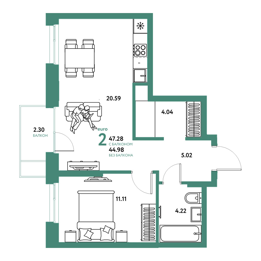 Планировка: Евродвушка 47,28 м²