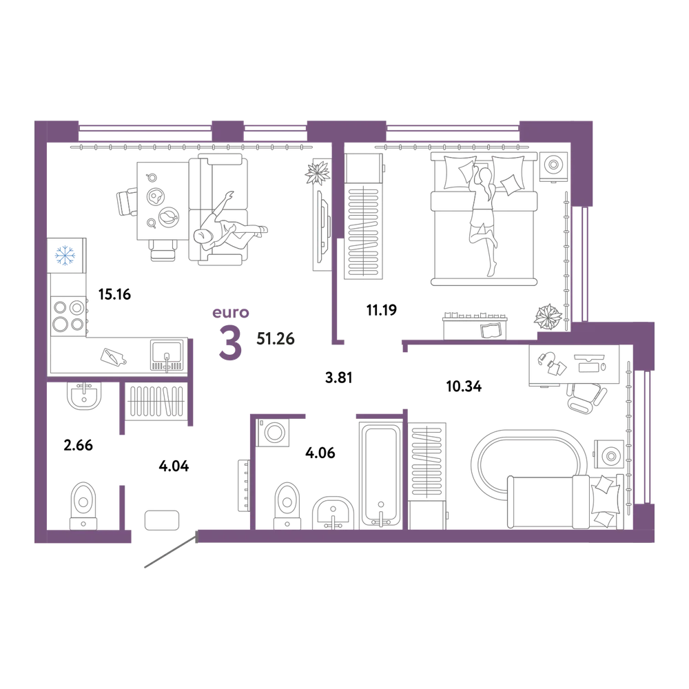 Планировка: Евротрёшка 51,26 м²