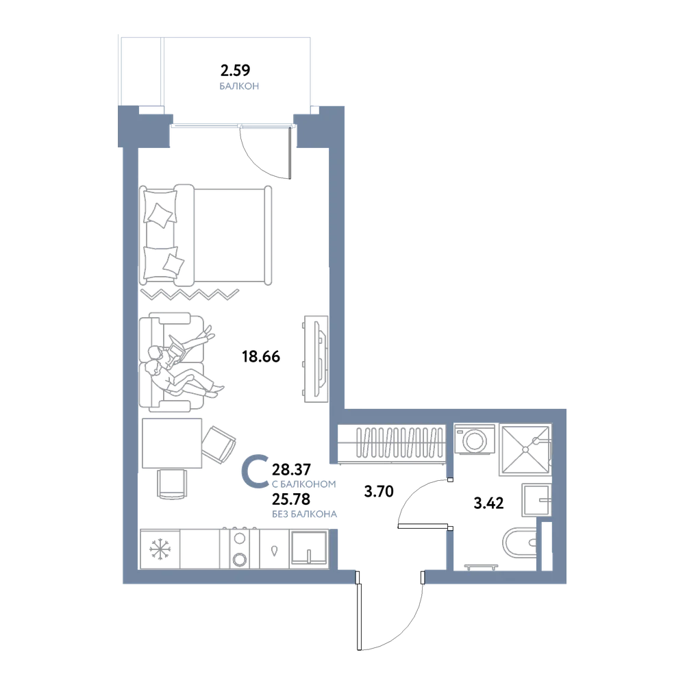 Планировка: Студия 28,37 м²