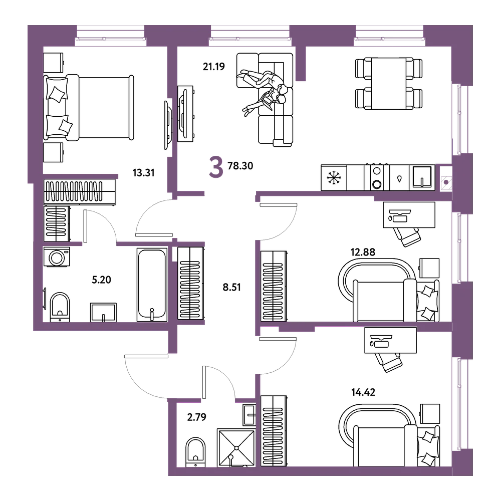 Планировка: 3-комнатная 78,3 м²