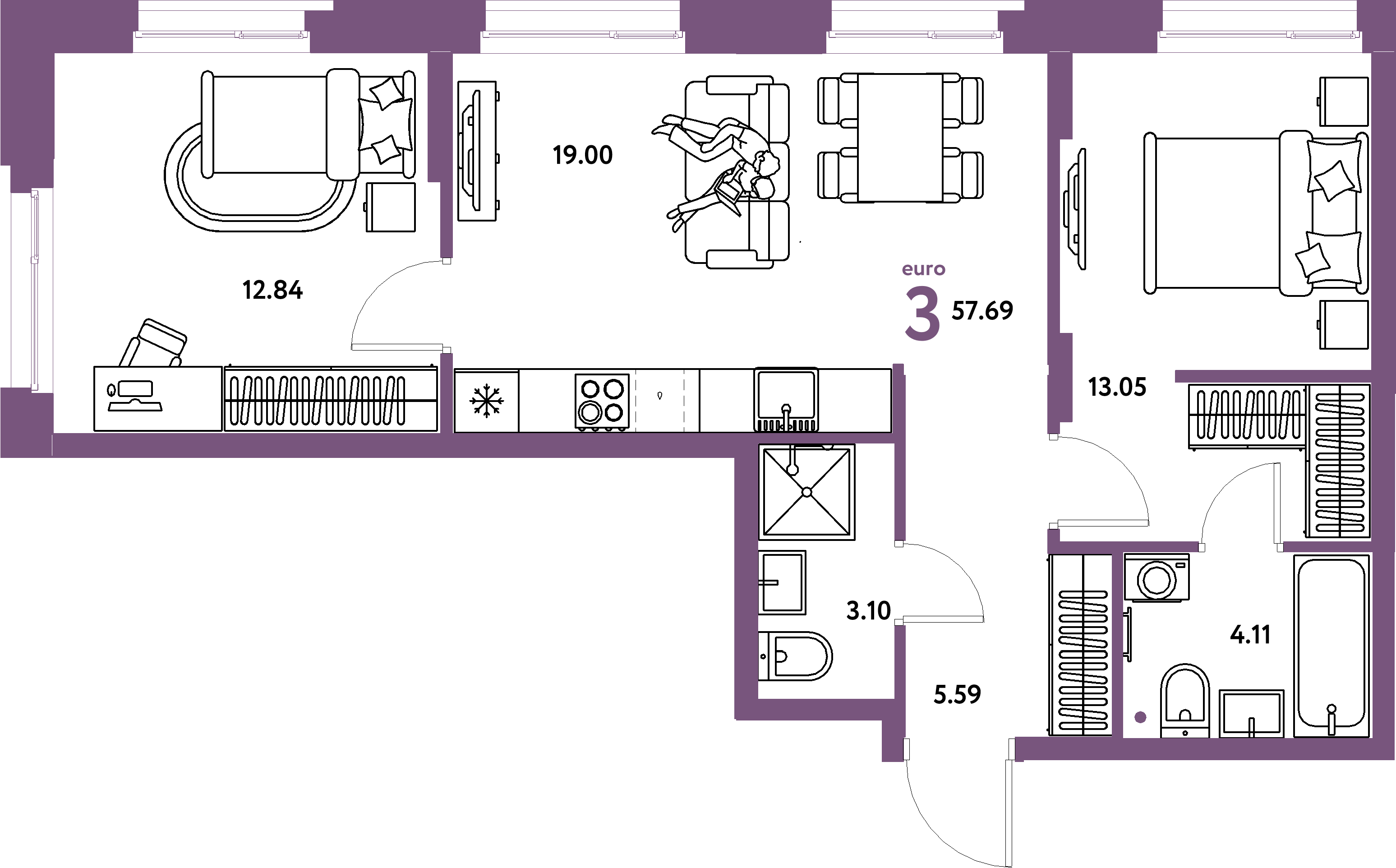 Планировка: Евротрёшка 57,69 м² в ЖК «Европейский берег 2.0»