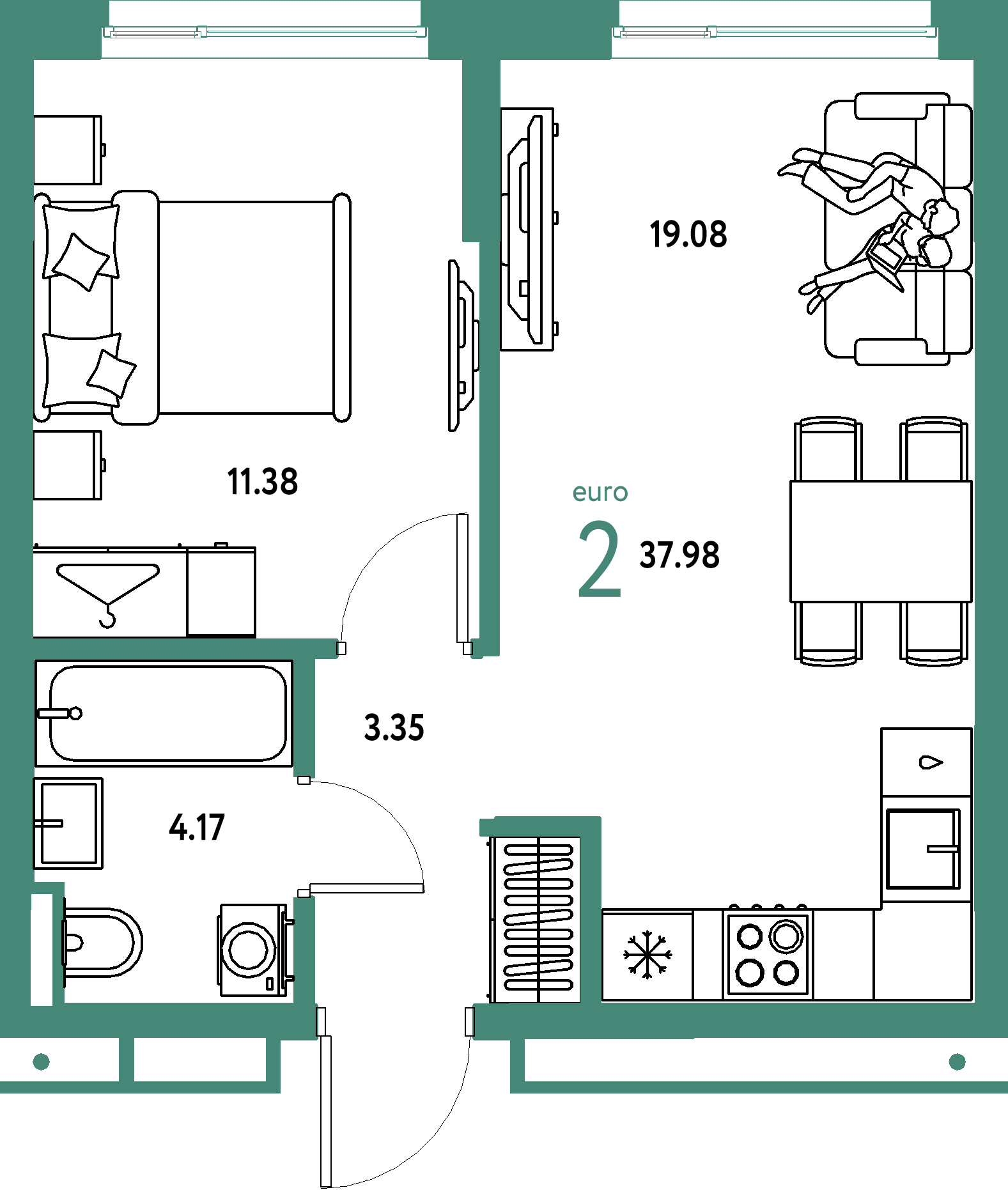 Планировка: Евродвушка 37,98 м² в ЖК «Страна.Прибрежная»