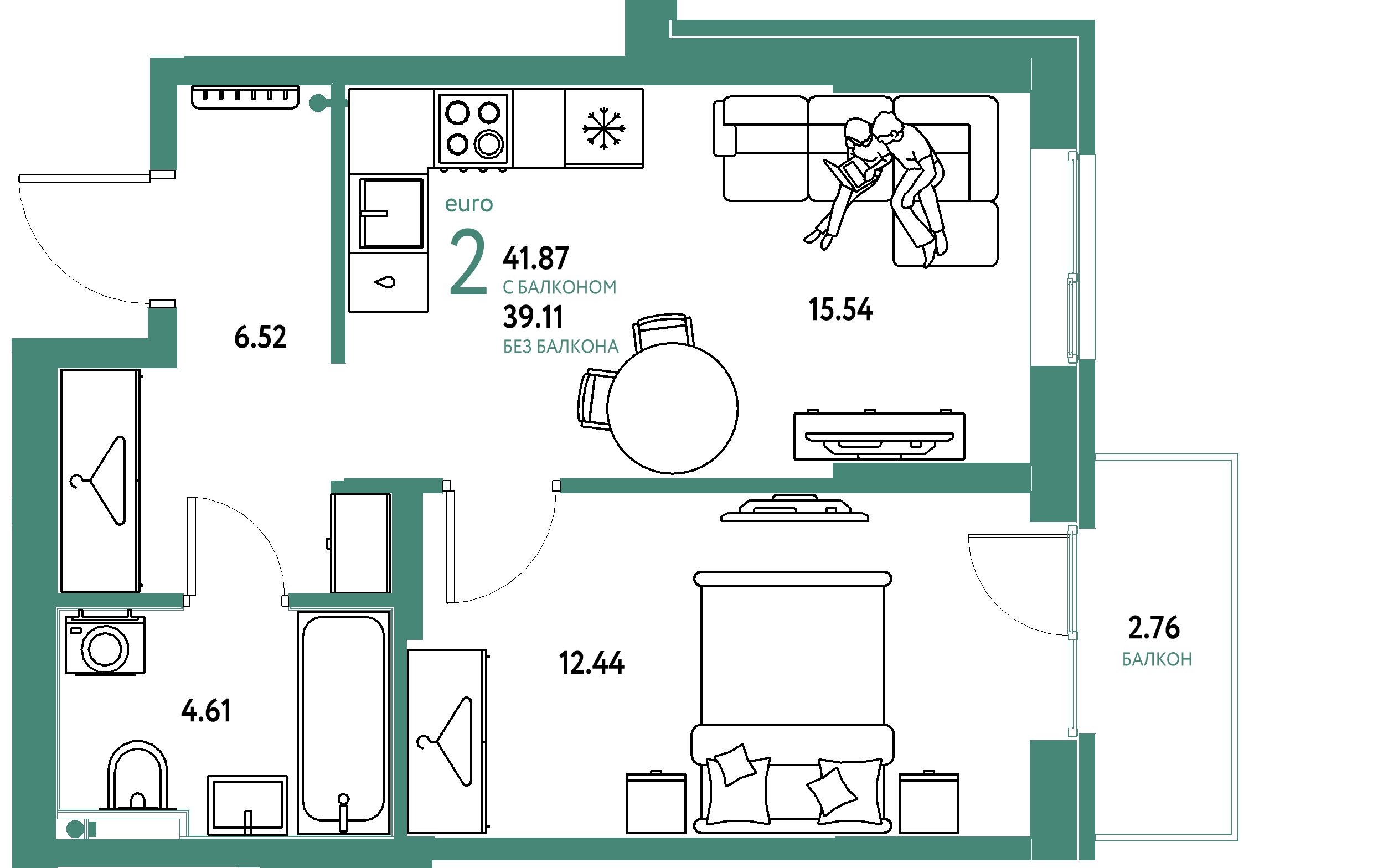 Планировка: Евродвушка 41,87 м² в ЖК «Европейский берег 2.0»