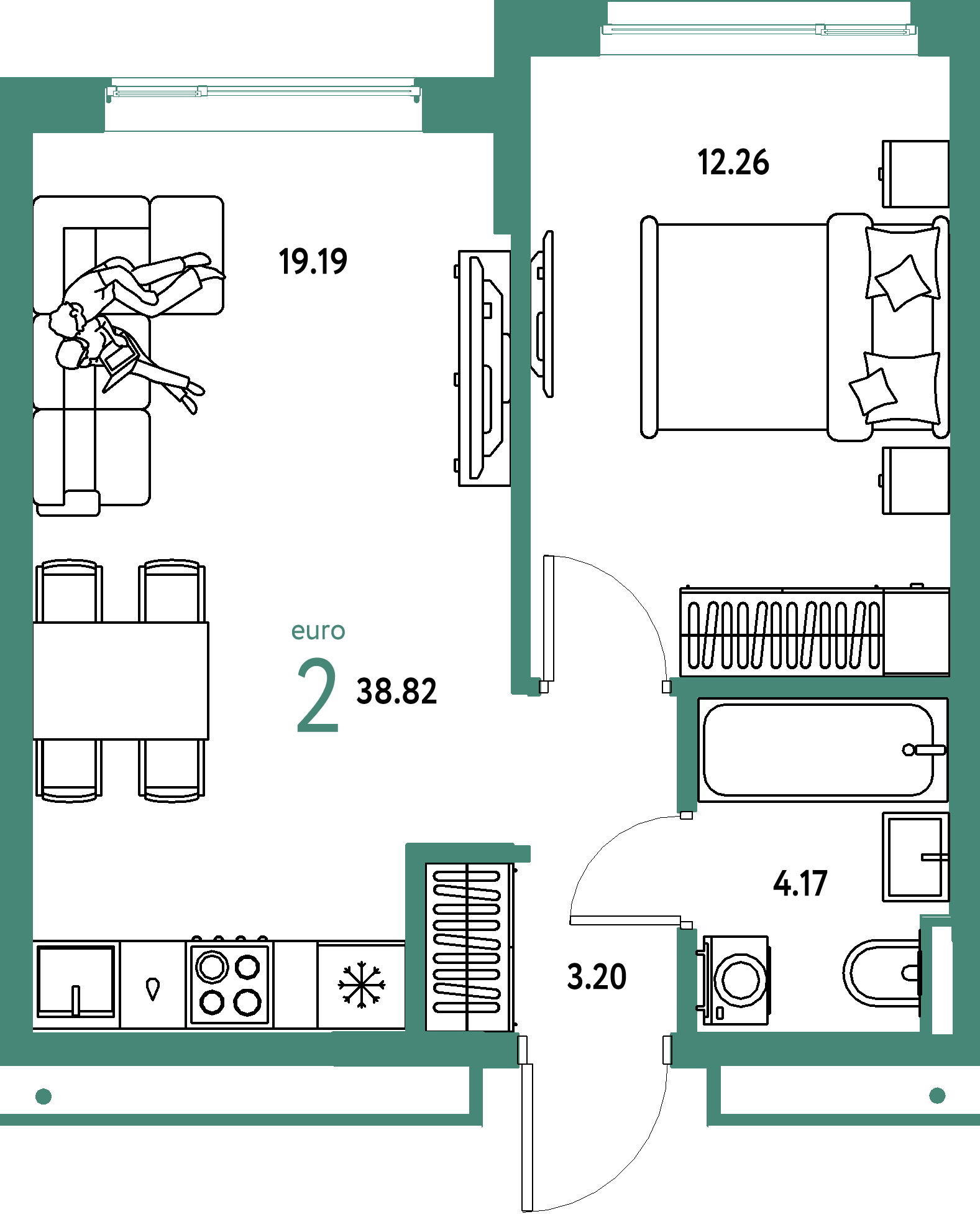 Планировка: Евродвушка 38,82 м² в ЖК «Страна.Прибрежная»